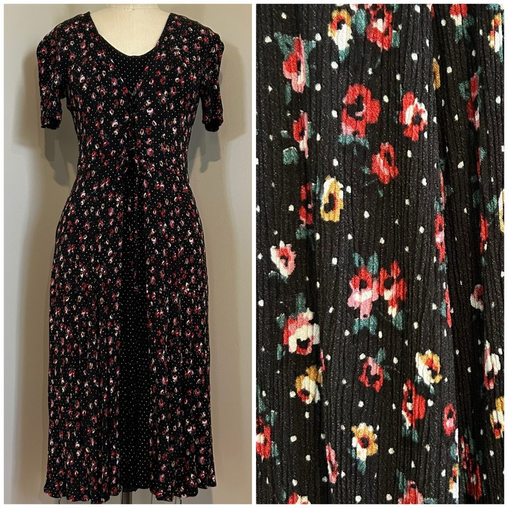 VTG 80s Floral Polka Dot Midi Dress Rayon Brett Alixander AOP Sz 7